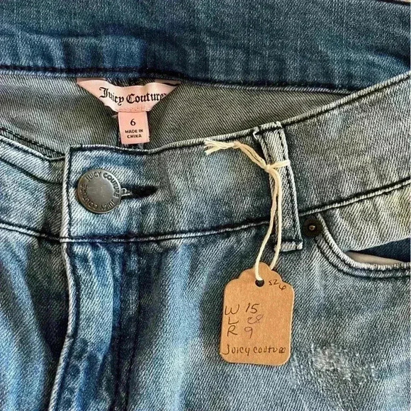 Juicy Couture Light Wash Jeans with Gold Rhinestone Patches - Picture 2 of 12